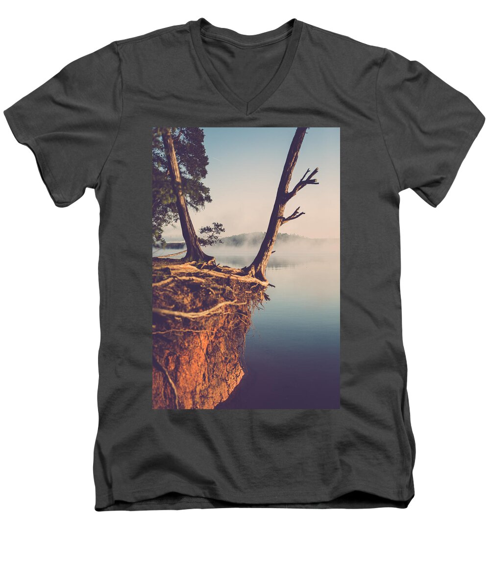 Fog Men's V-Neck T-Shirt featuring the photograph Lakeside Cliff by Jessica Brown