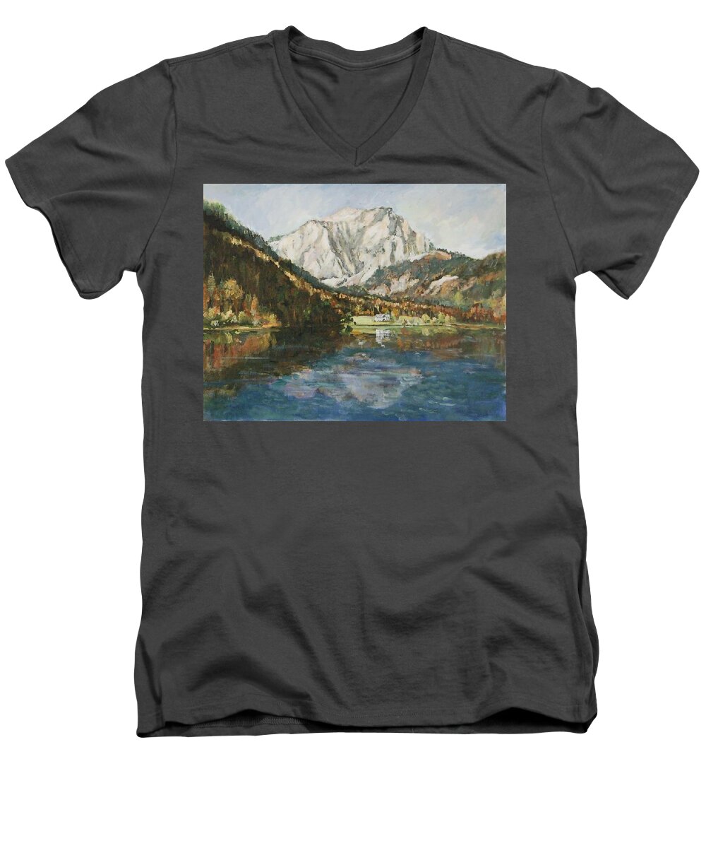 Landscape Men's V-Neck T-Shirt featuring the painting Langbathsee Austria by Ingrid Dohm