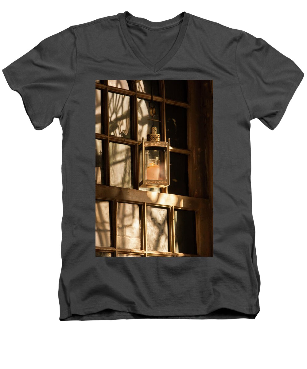 Lantern Men's V-Neck T-Shirt featuring the photograph Lantern in a window by Jason Hughes