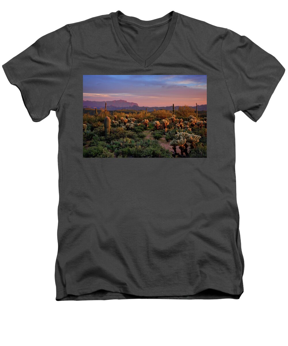 Saguaro Sunset Men's V-Neck T-Shirt featuring the photograph Last Light on the Sonoran by Saija Lehtonen