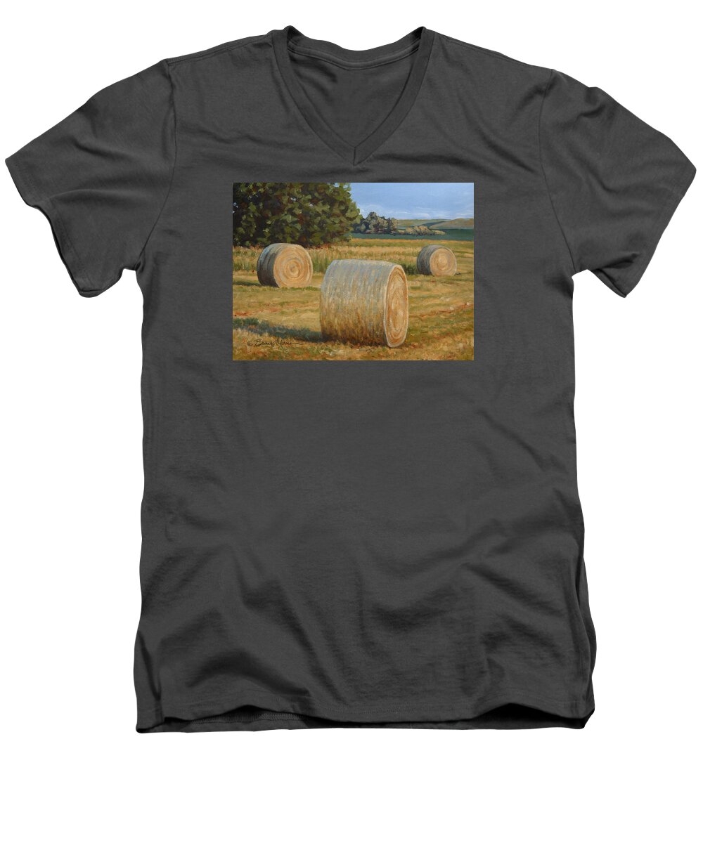 Landscape Men's V-Neck T-Shirt featuring the painting Late Afternoon Bales - Plein Air by Bruce Morrison