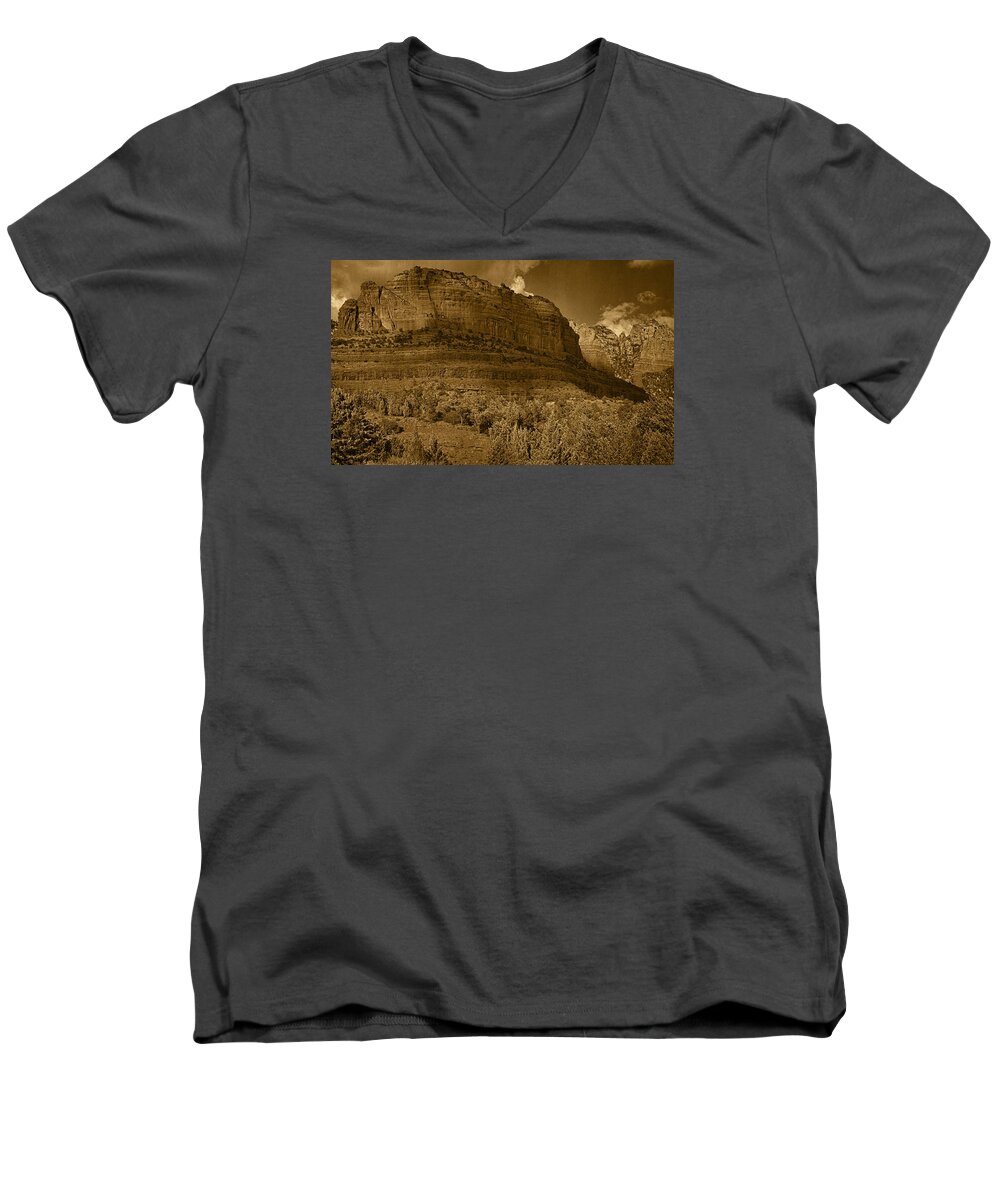 Brin's Mesa Men's V-Neck T-Shirt featuring the photograph Late Light at Brin's Mesa Tnt pano by Theo O'Connor