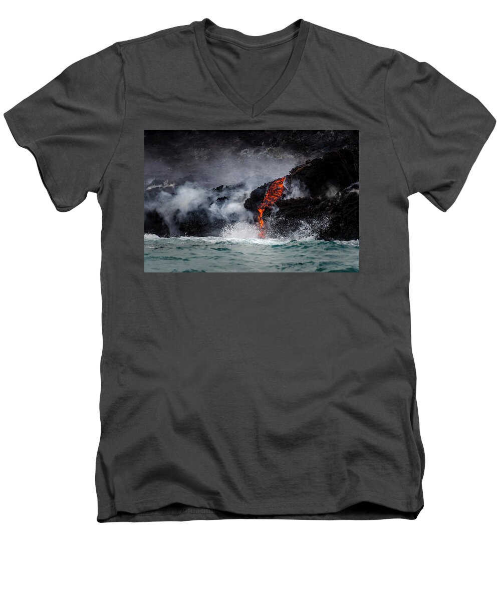 Lava Men's V-Neck T-Shirt featuring the photograph Lava Dripping into the Ocean by Daniel Murphy
