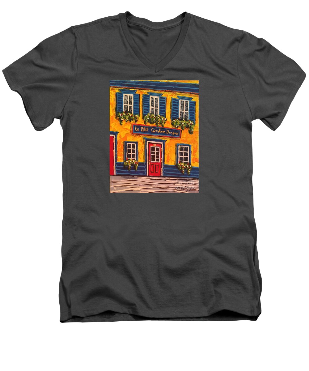 House Men's V-Neck T-Shirt featuring the painting Le Petit Cochon Dingue by Claire Gagnon