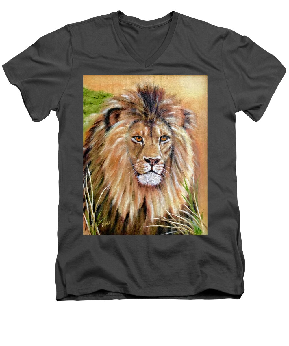 Lion Men's V-Neck T-Shirt featuring the painting Le Roi-The King, Tribute to Cecil the lion  by Dr Pat Gehr