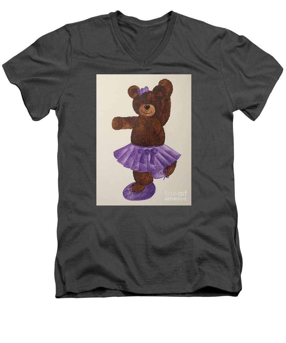 Teddy Bear Men's V-Neck T-Shirt featuring the painting Leah's Ballerina Bear 4 by Tamir Barkan