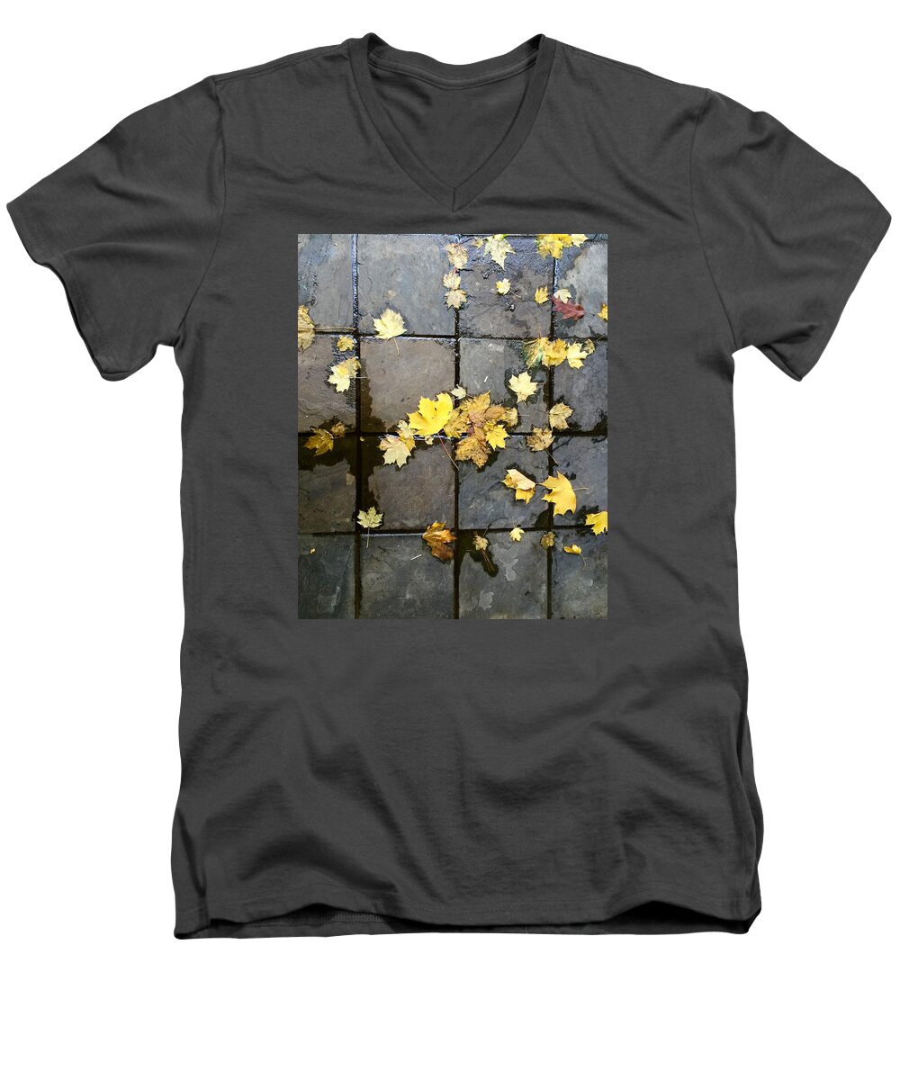Leaves Men's V-Neck T-Shirt featuring the photograph Leaves on Slate by Suzanne Lorenz