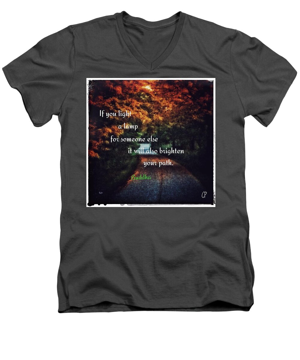 If You Light A Lamp For Someone Else It Will Also Brighten Your Path.-buddha Nature Men's V-Neck T-Shirt featuring the photograph Light the way by Christine Paris