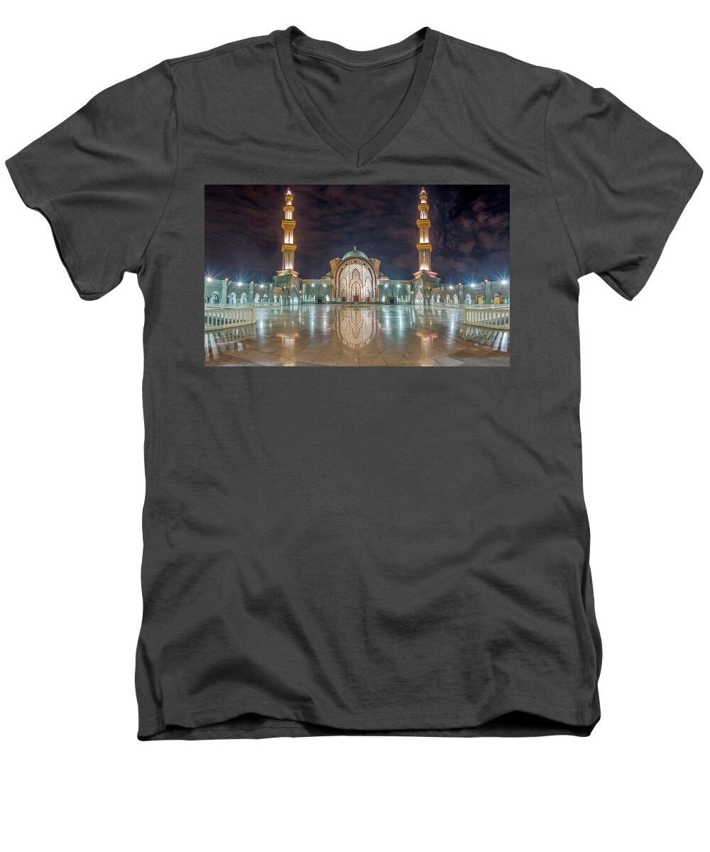 Travel Men's V-Neck T-Shirt featuring the photograph Lighted Federal Territory Mosque by Pradeep Raja Prints