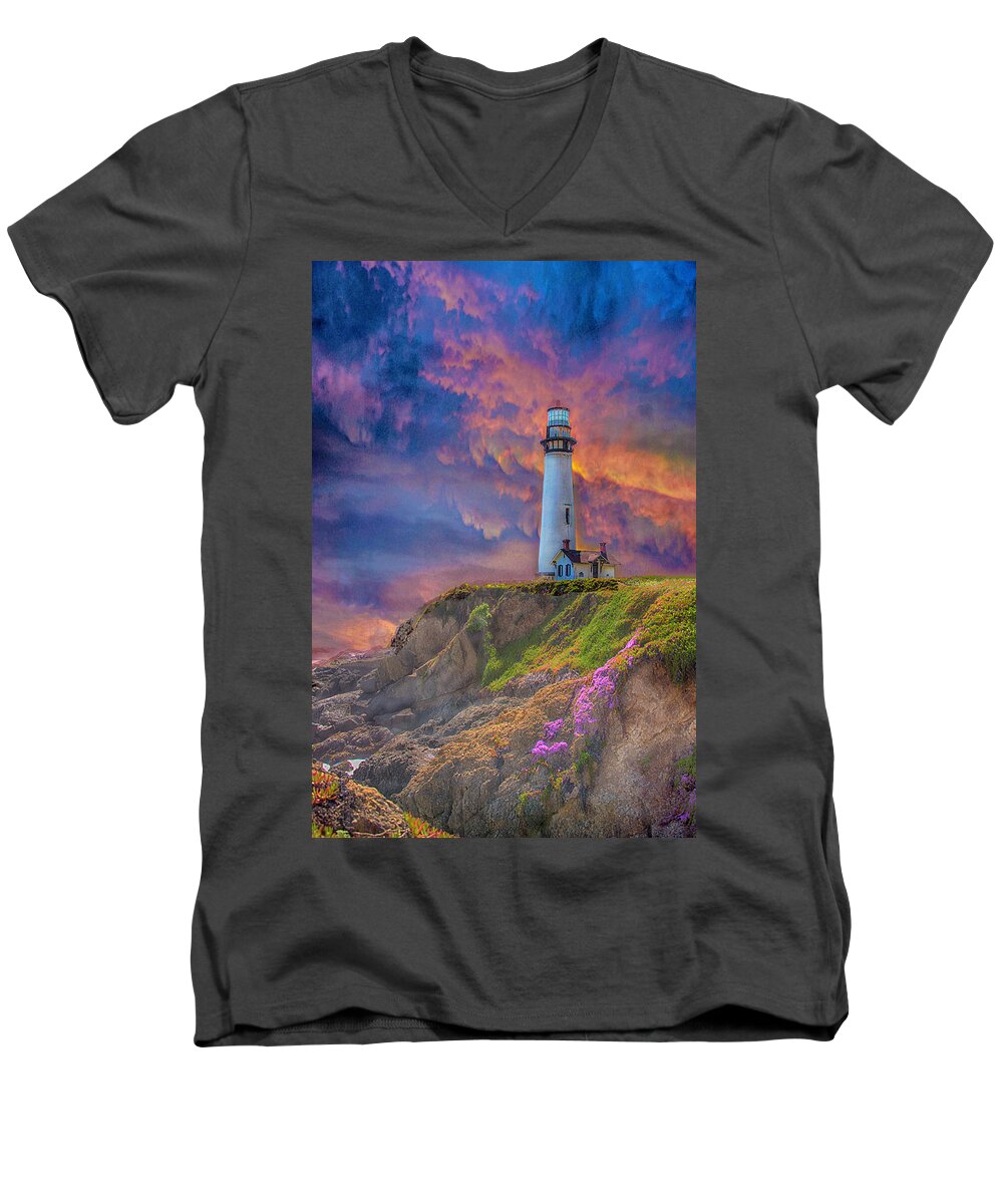 Landscape Water Lighthouse Sky Sunset Ocean Coast Scenic Pescadero Men's V-Neck T-Shirt featuring the photograph Lighthouse at Pigeon Point by Patricia Dennis