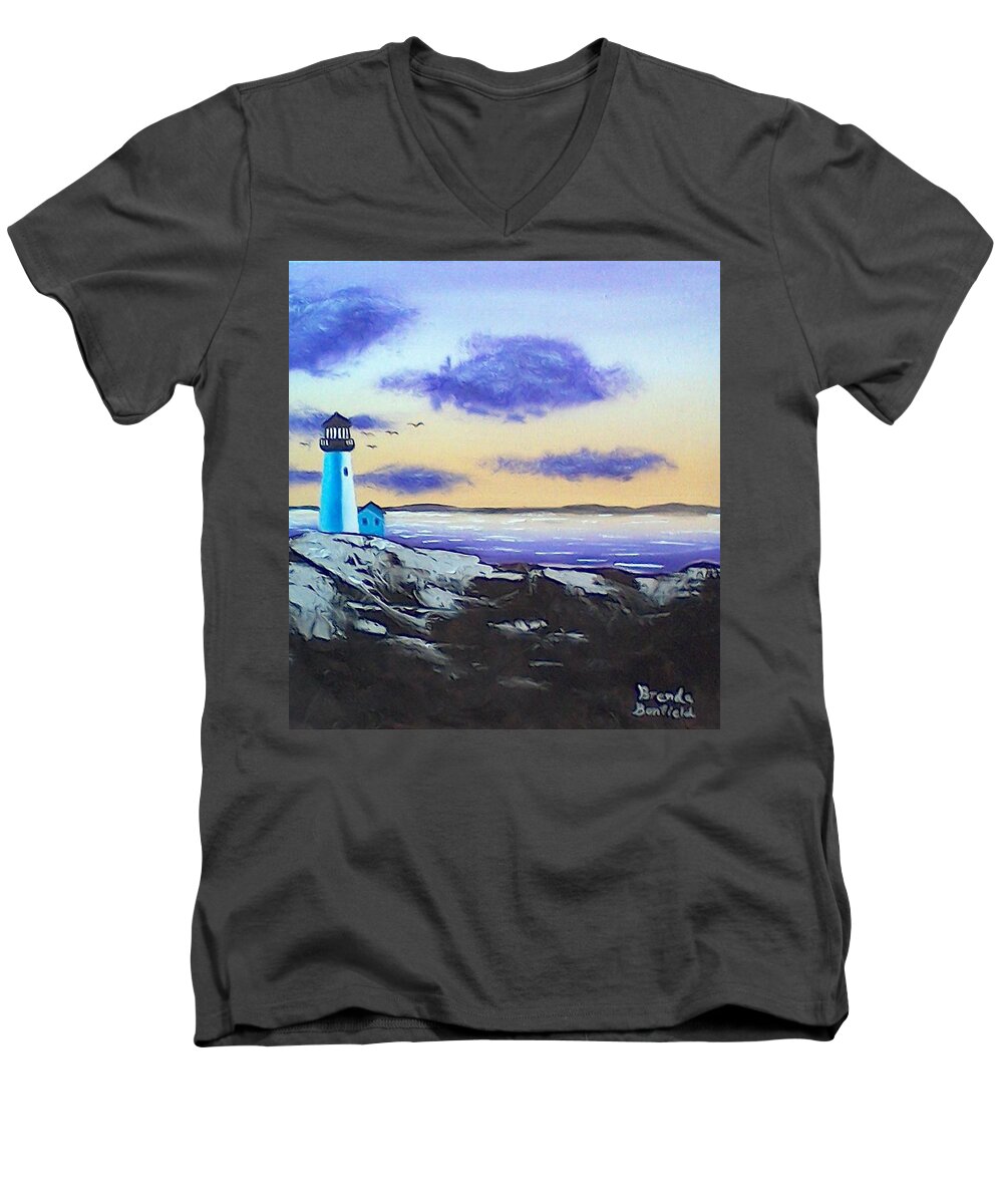 Lighthouse Men's V-Neck T-Shirt featuring the painting Lighthouse by Brenda Bonfield