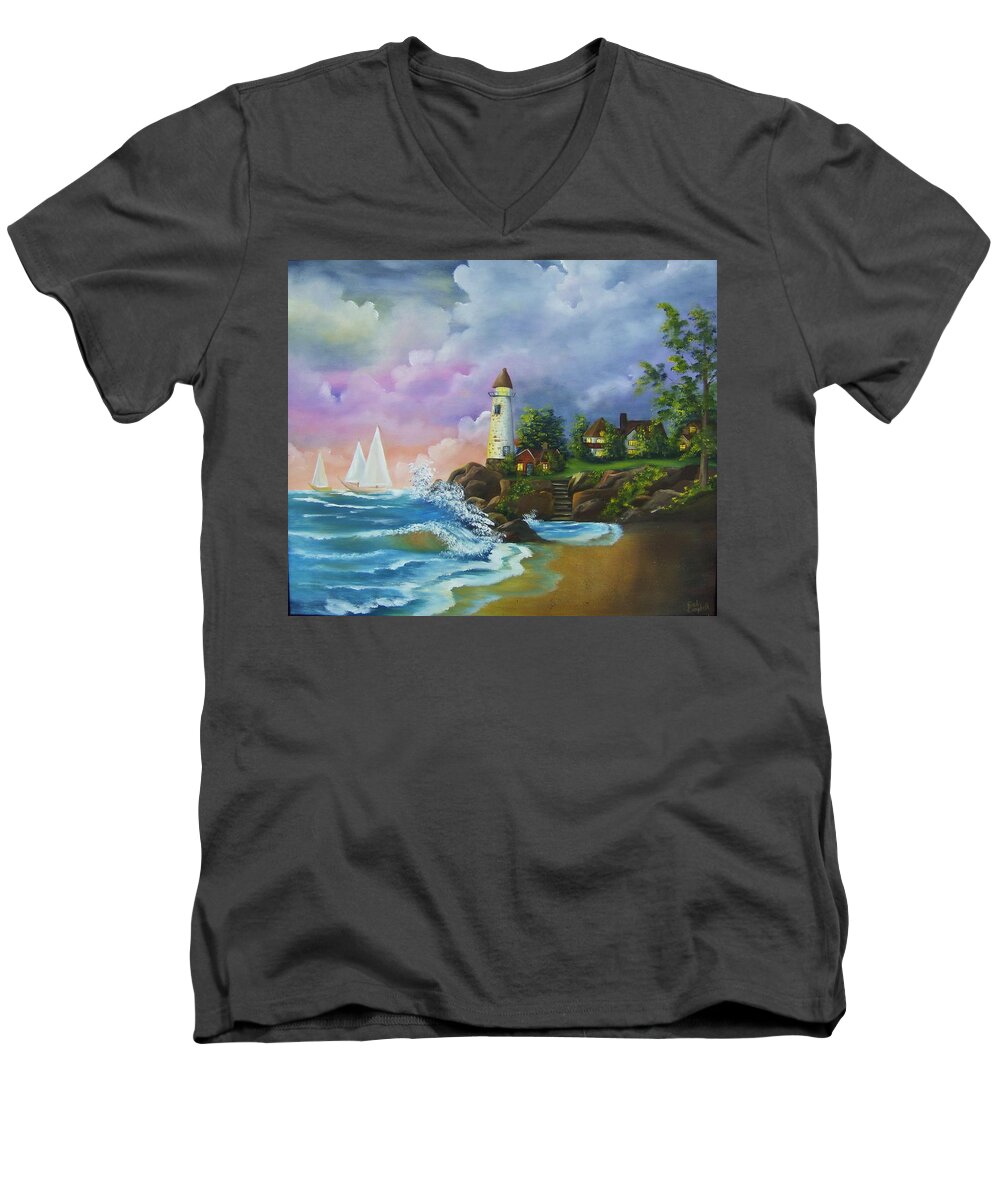 Lighthouse Men's V-Neck T-Shirt featuring the painting Lighthouse by the Village by Debra Campbell