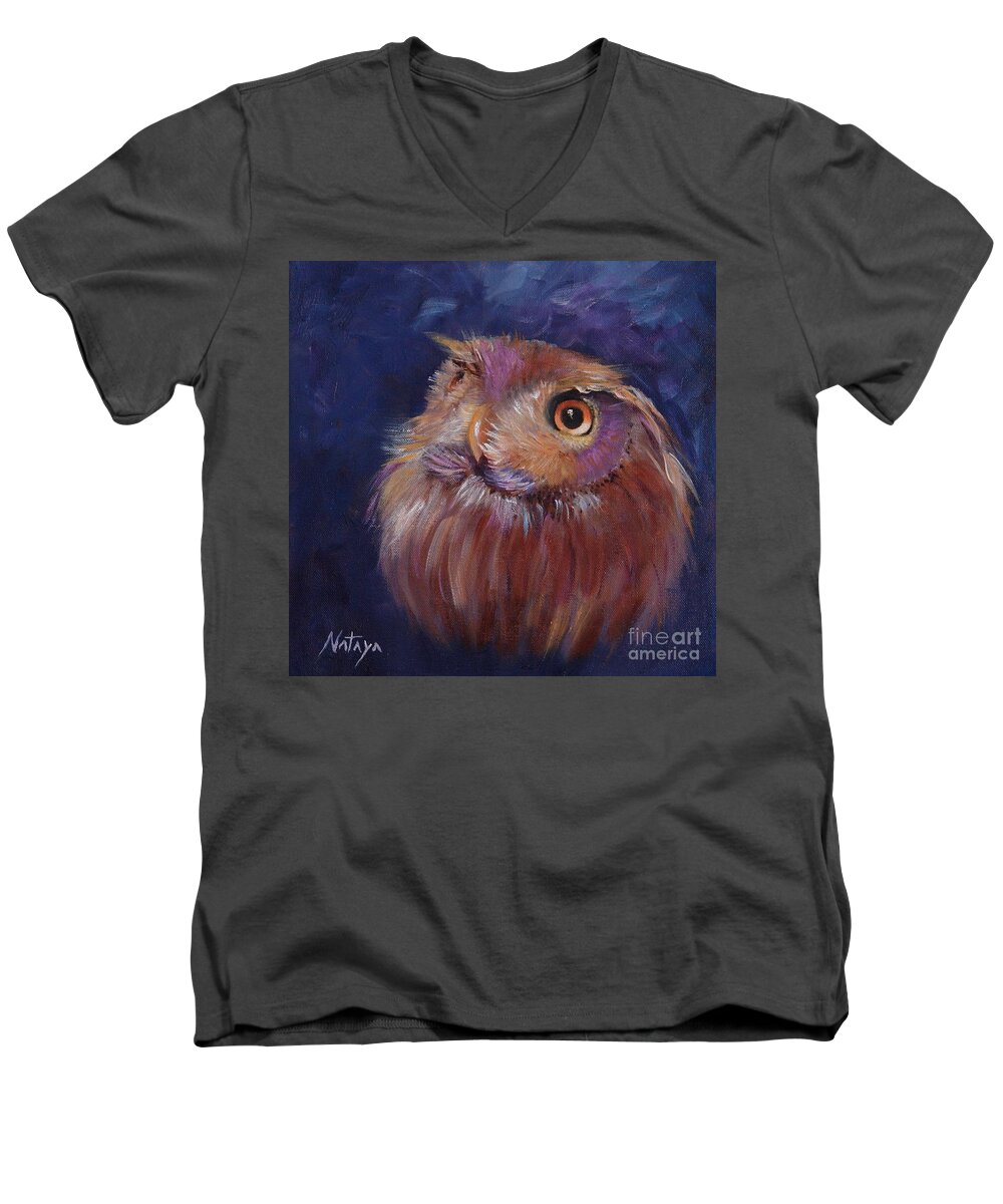 Owl Men's V-Neck T-Shirt featuring the painting Li'l Hooty by Nataya Crow
