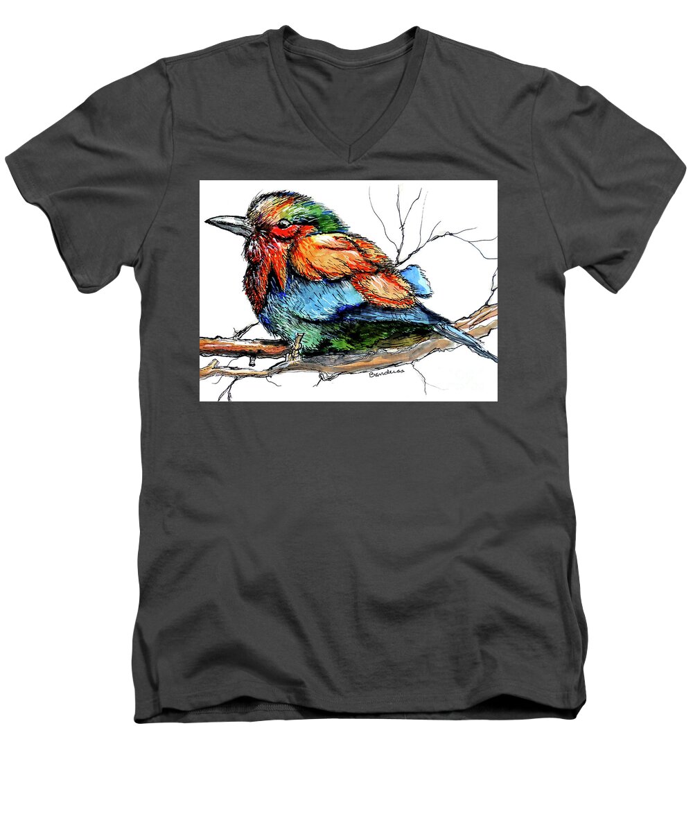 Birds Men's V-Neck T-Shirt featuring the painting Lilac Breasted Roller by Terry Banderas