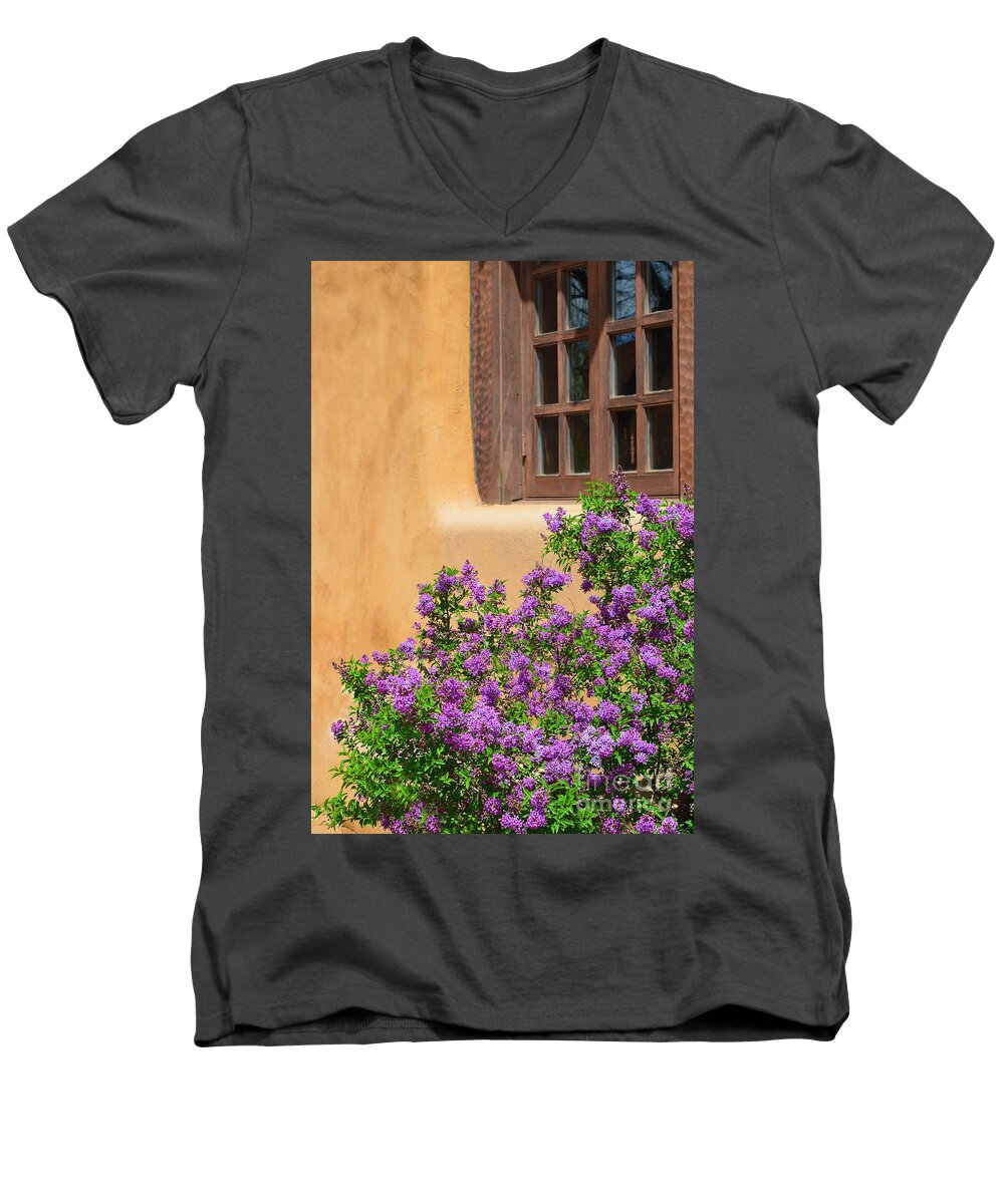 Lilacs Men's V-Neck T-Shirt featuring the photograph Lilacs and Adobe by Catherine Sherman