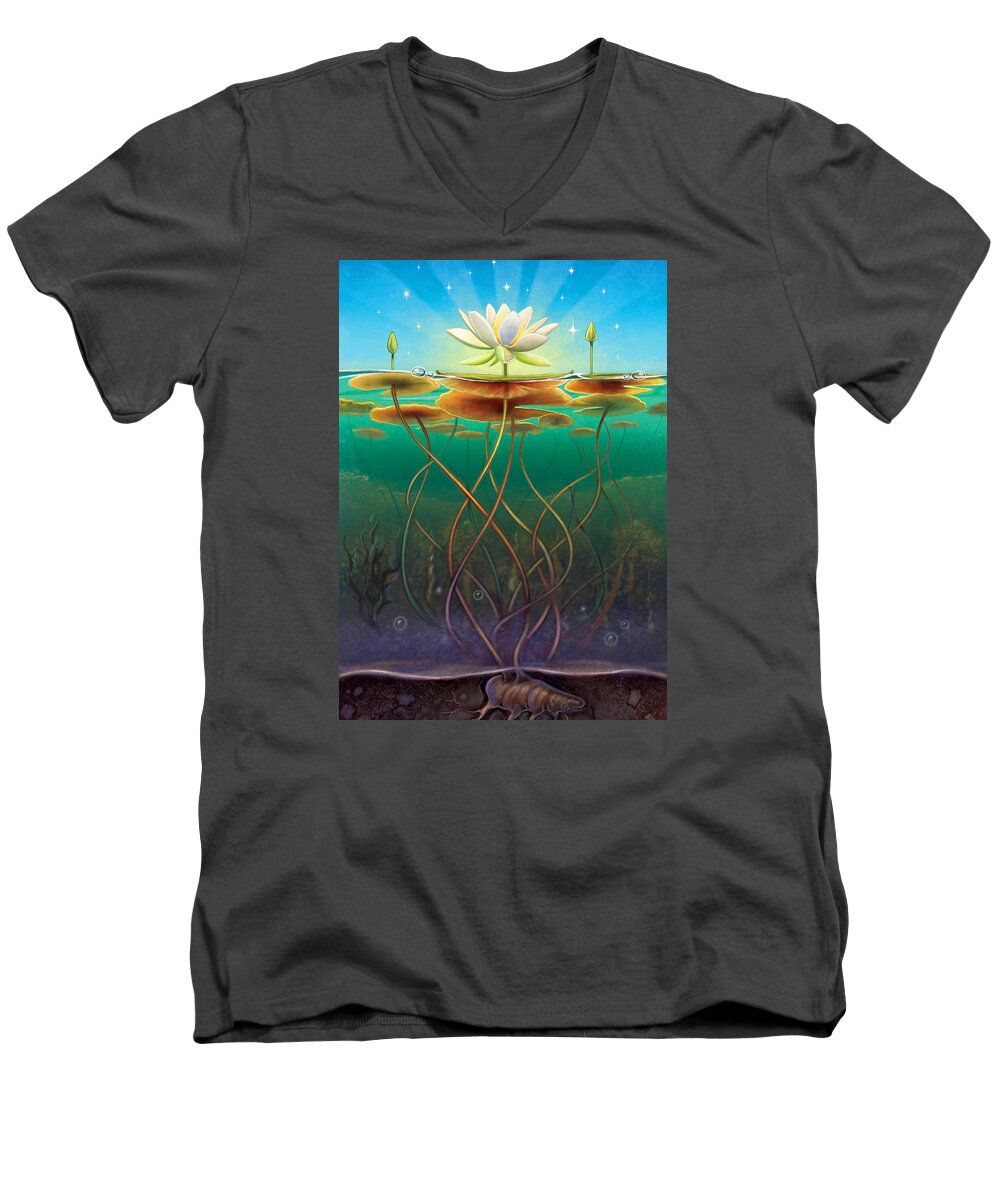 Water Lily Men's V-Neck T-Shirt featuring the mixed media Water Lily - Transmute by Anne Wertheim