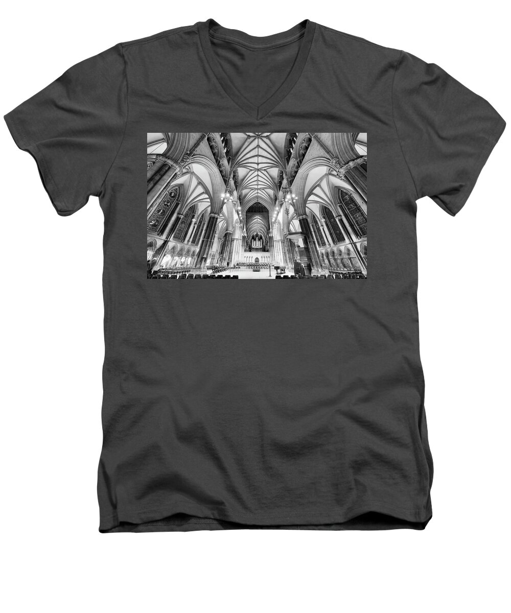 Lincoln Men's V-Neck T-Shirt featuring the photograph Lincoln Cathedral BW by Jack Torcello