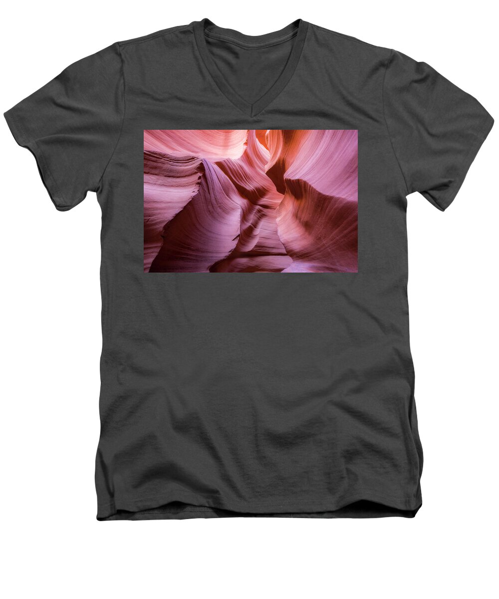 Antelope Canyon Men's V-Neck T-Shirt featuring the photograph Lines in the Canyon by Jon Glaser
