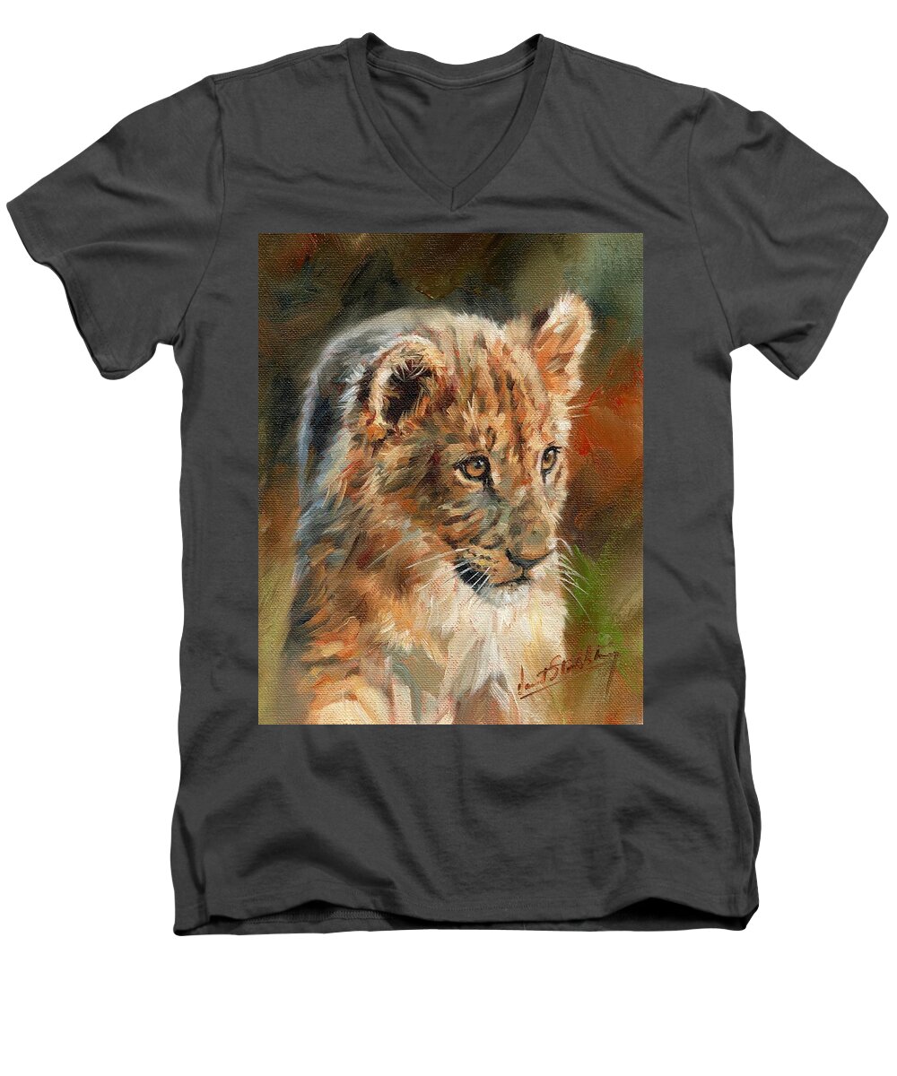Lion Men's V-Neck T-Shirt featuring the painting Lion Cub Portrait by David Stribbling