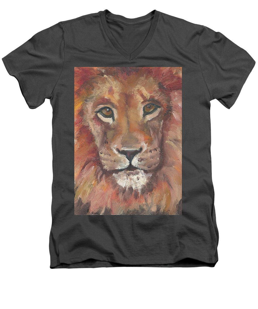Mini Painting Men's V-Neck T-Shirt featuring the painting Lion by Jessmyne Stephenson