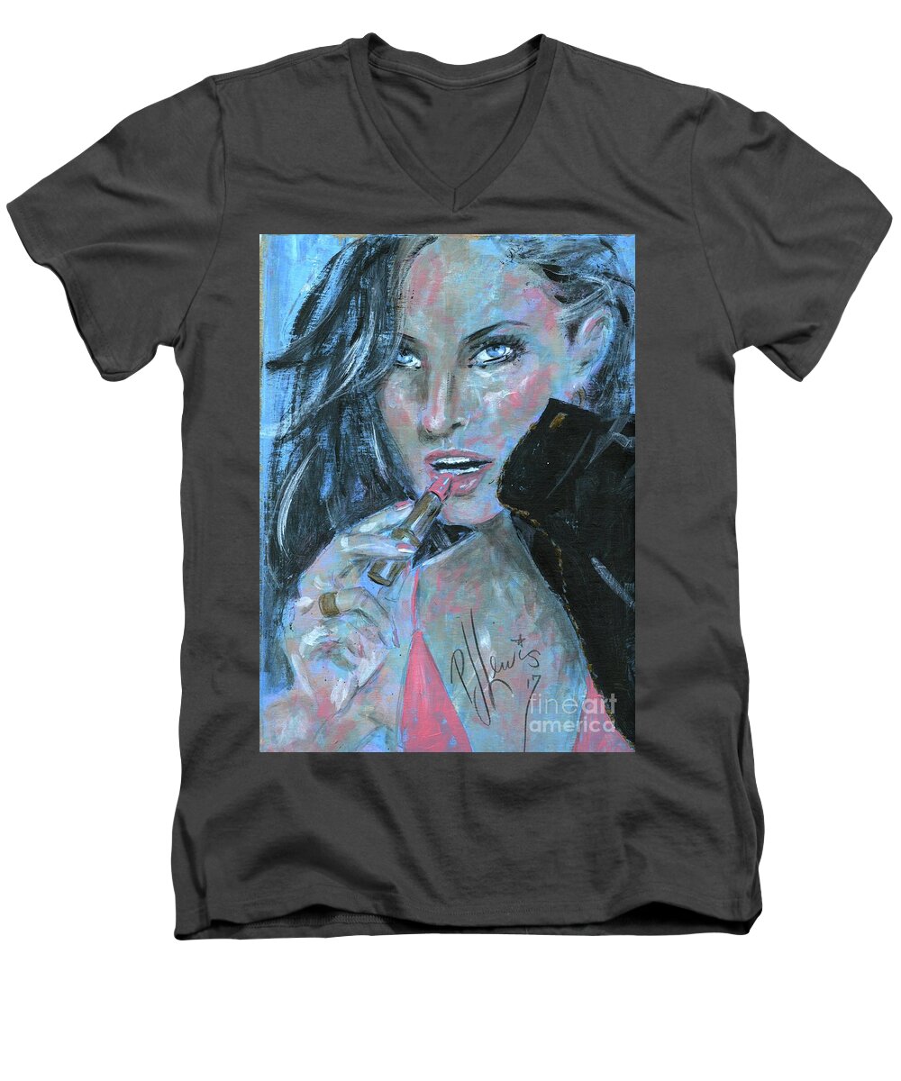 Lipstick Men's V-Neck T-Shirt featuring the painting Lipstick And Leather by PJ Lewis