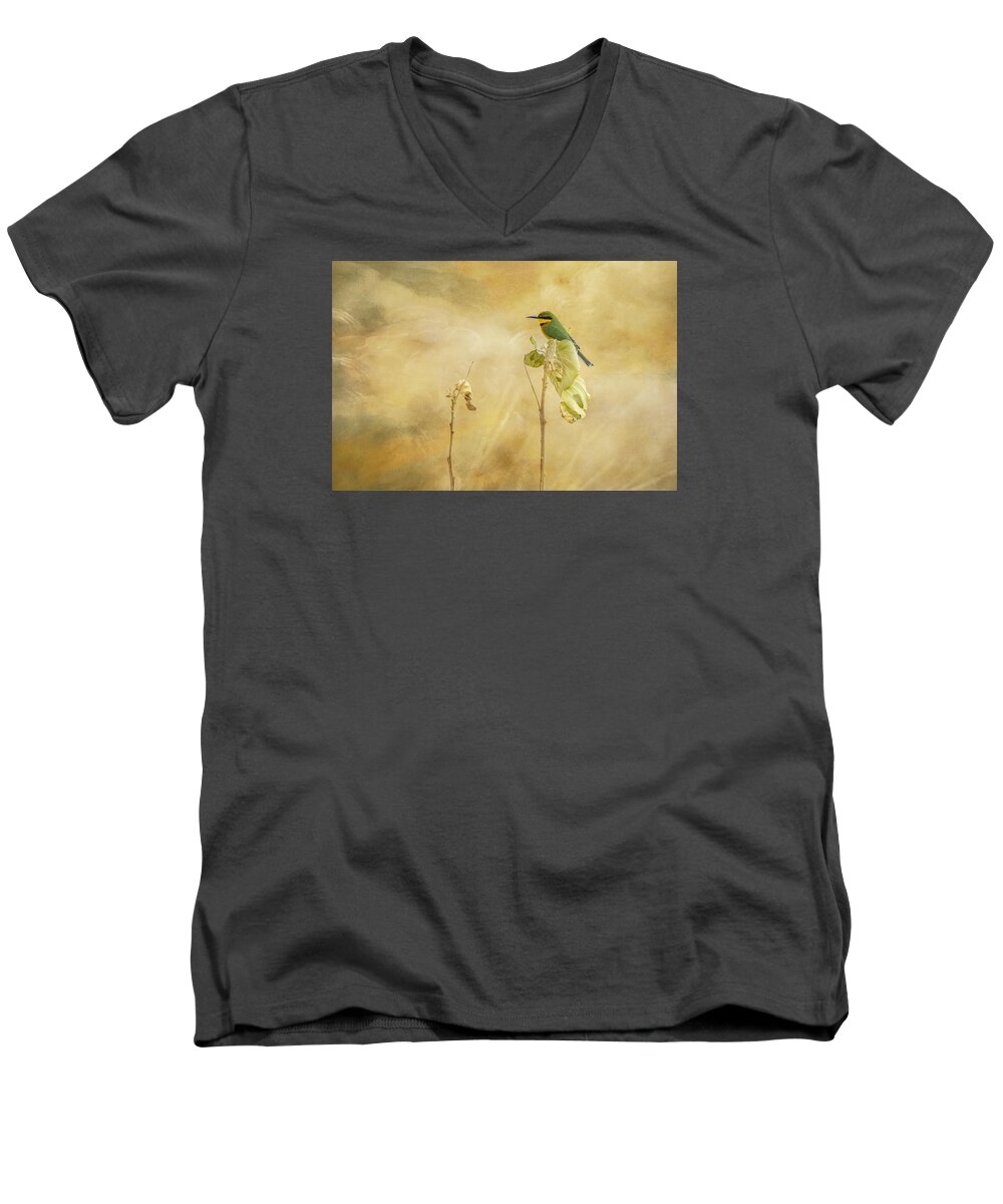 Little Bee-eater Men's V-Neck T-Shirt featuring the tapestry - textile Little Bee-eater by Kathy Adams Clark