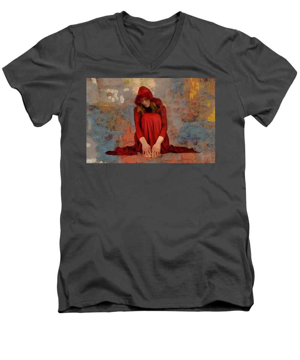 Girl Men's V-Neck T-Shirt featuring the mixed media Little Mel Riding Hood by Trish Tritz