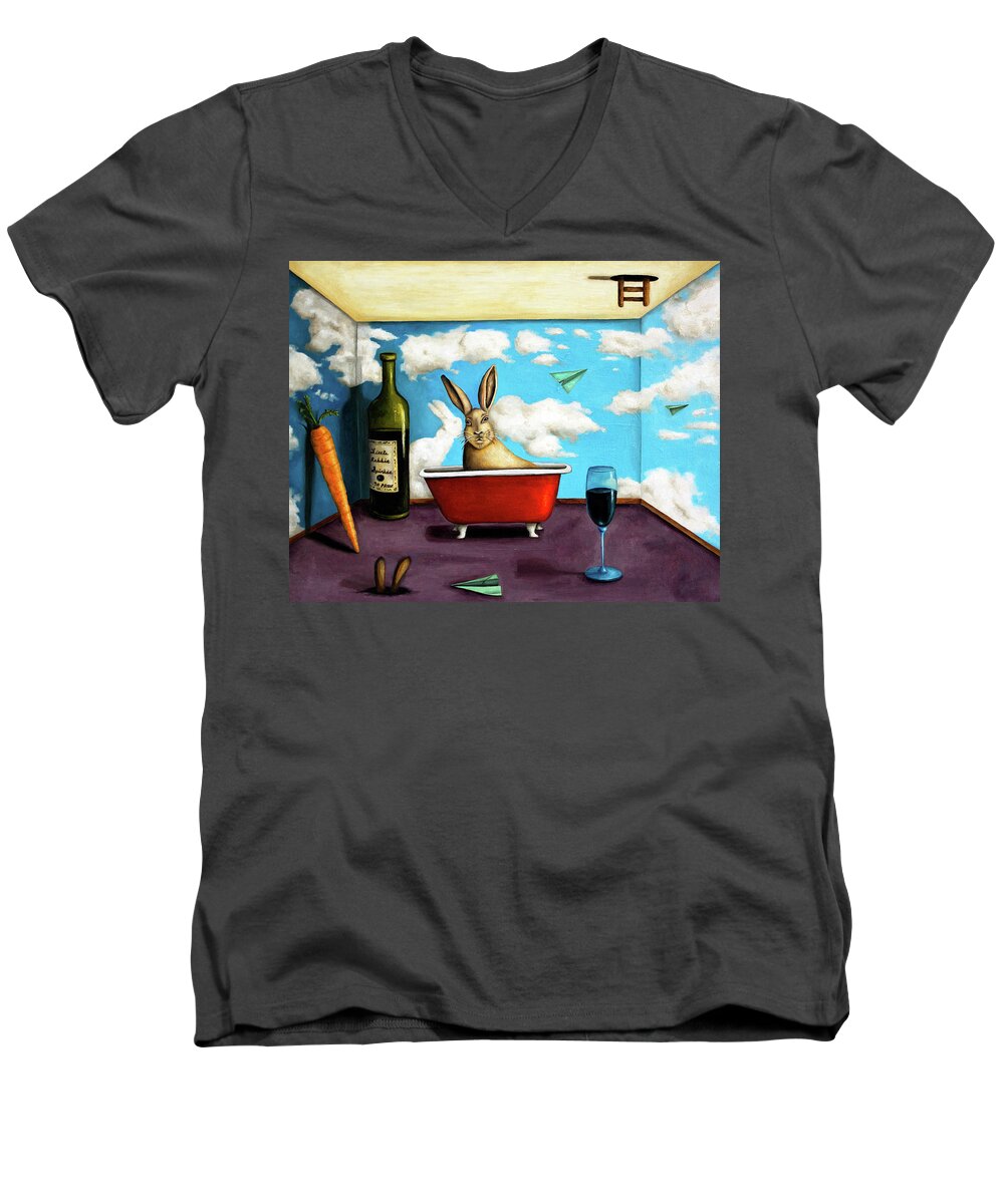 Rabbit Men's V-Neck T-Shirt featuring the painting Little Rabbit Spirits by Leah Saulnier The Painting Maniac