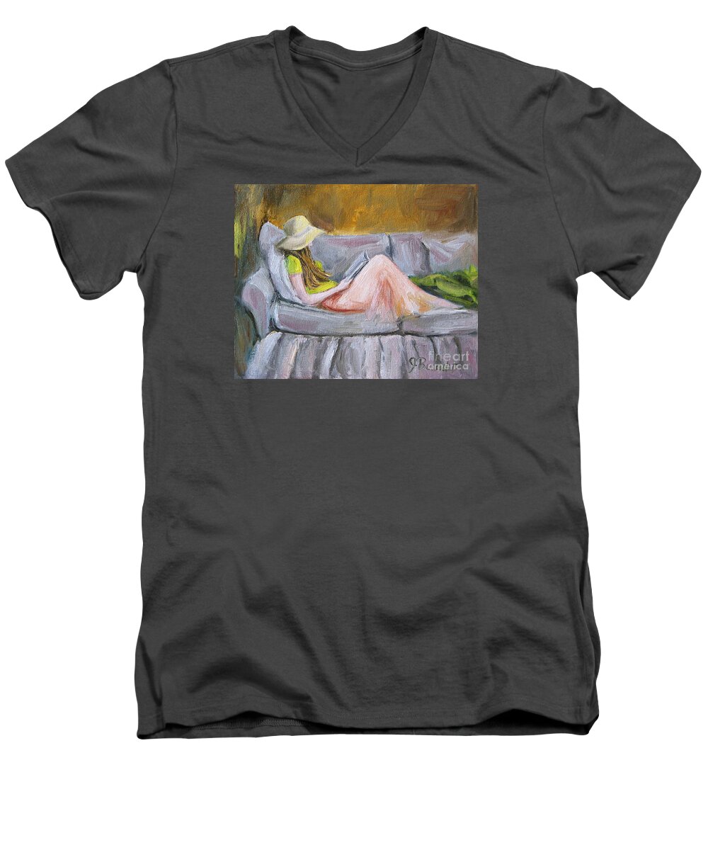 Jennifer Beaudet Men's V-Neck T-Shirt featuring the painting Little Reader by Jennifer Beaudet
