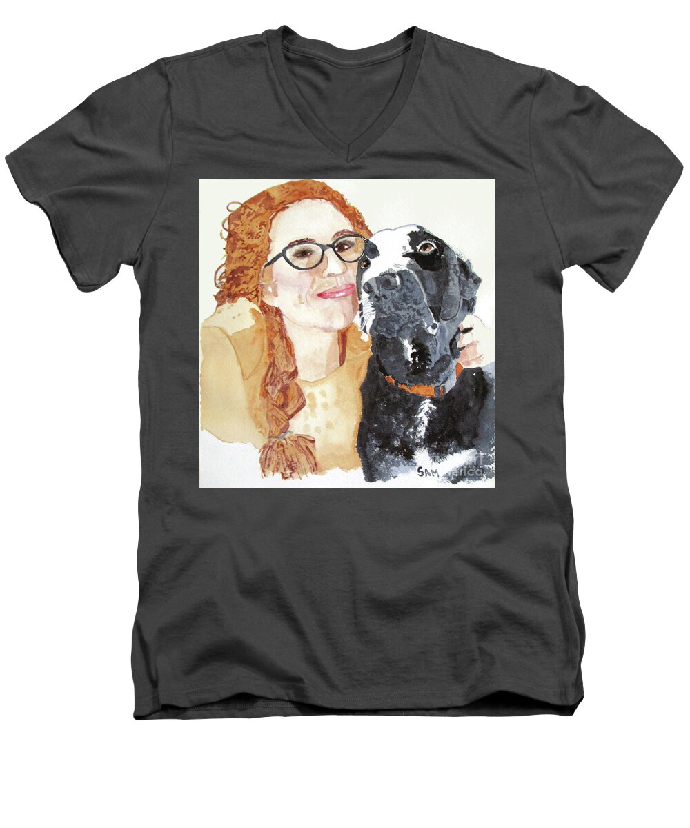 Girl Men's V-Neck T-Shirt featuring the painting Livvy and Amos by Sandy McIntire