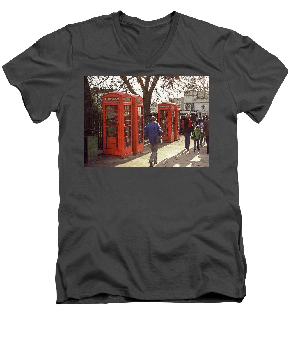 Phone Booths Men's V-Neck T-Shirt featuring the photograph London Call Boxes by Jim Mathis