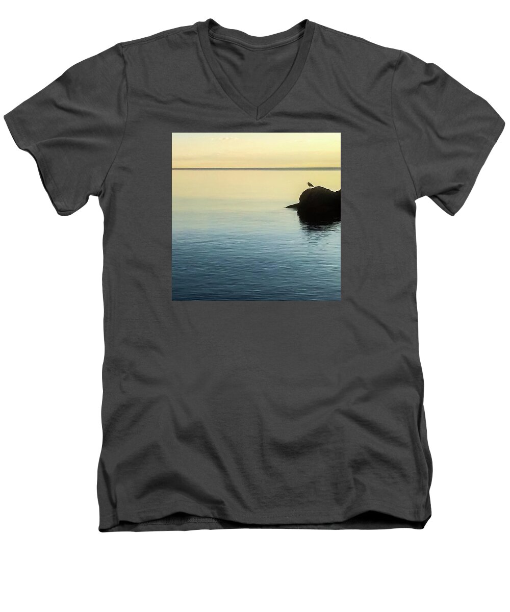 Sunrise Men's V-Neck T-Shirt featuring the photograph Lone Gull by Terri Hart-Ellis