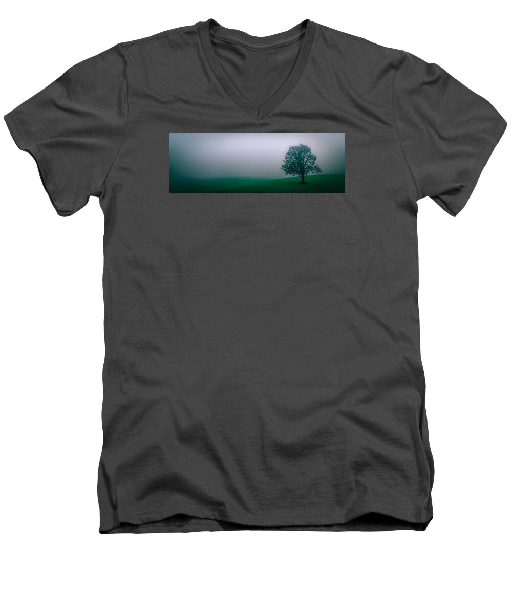 Oregon Men's V-Neck T-Shirt featuring the photograph Lonely Tree in the Fog by Don Schwartz