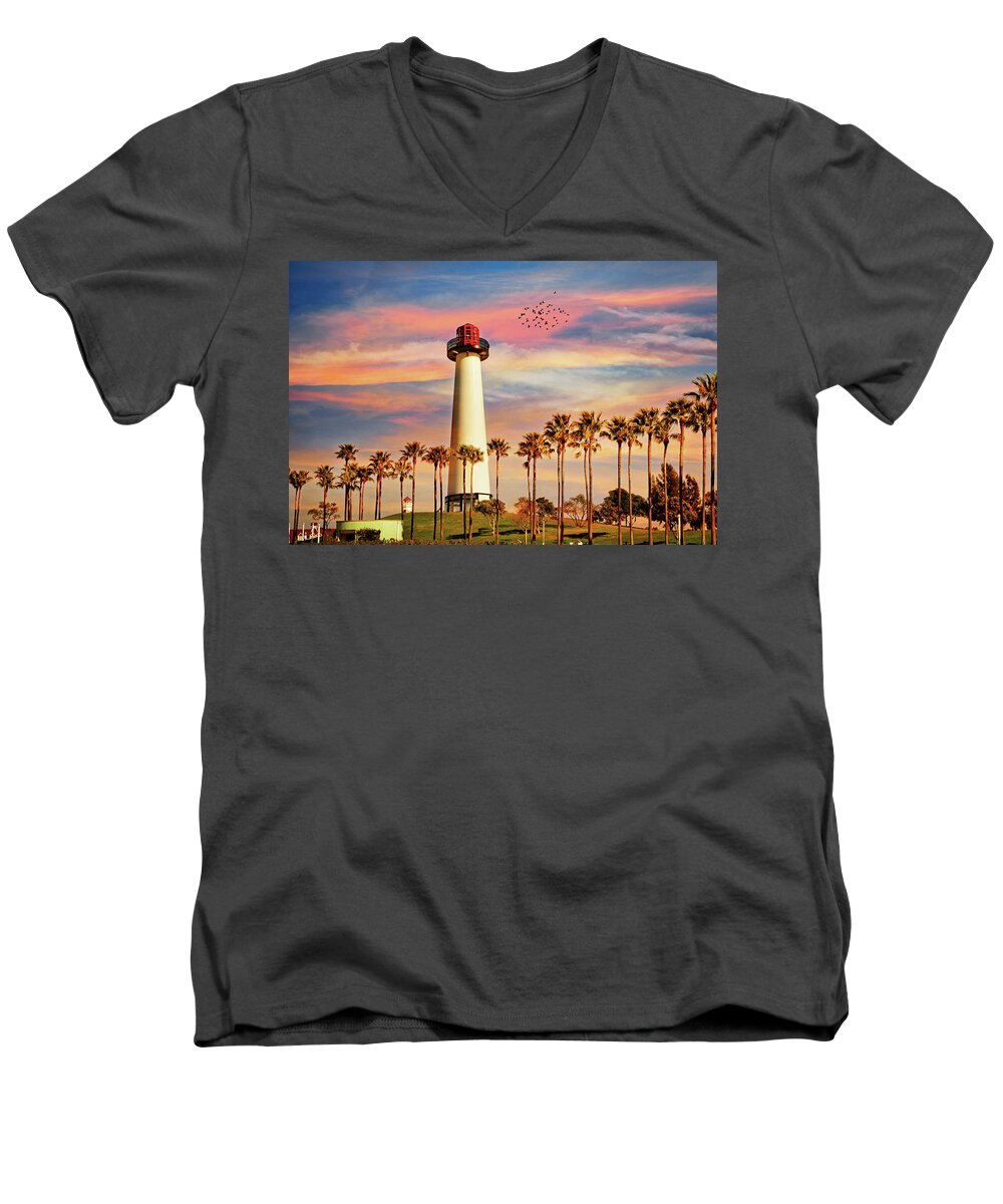 Parker's Lighthouse Men's V-Neck T-Shirt featuring the photograph Long Beach Harbor Lighthouse by Lynn Bauer