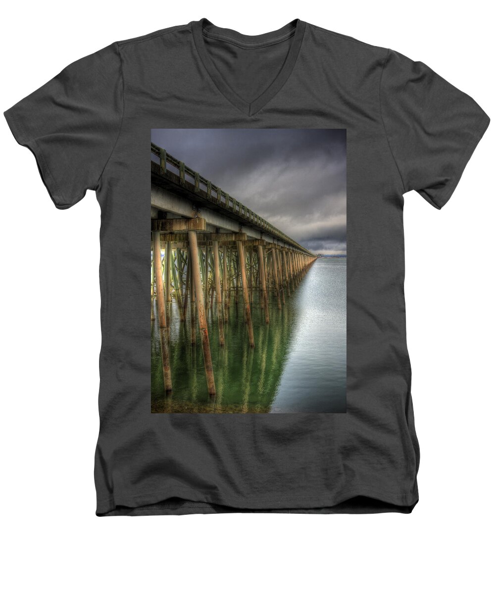 Scenic Men's V-Neck T-Shirt featuring the photograph Long Bridge by Lee Santa