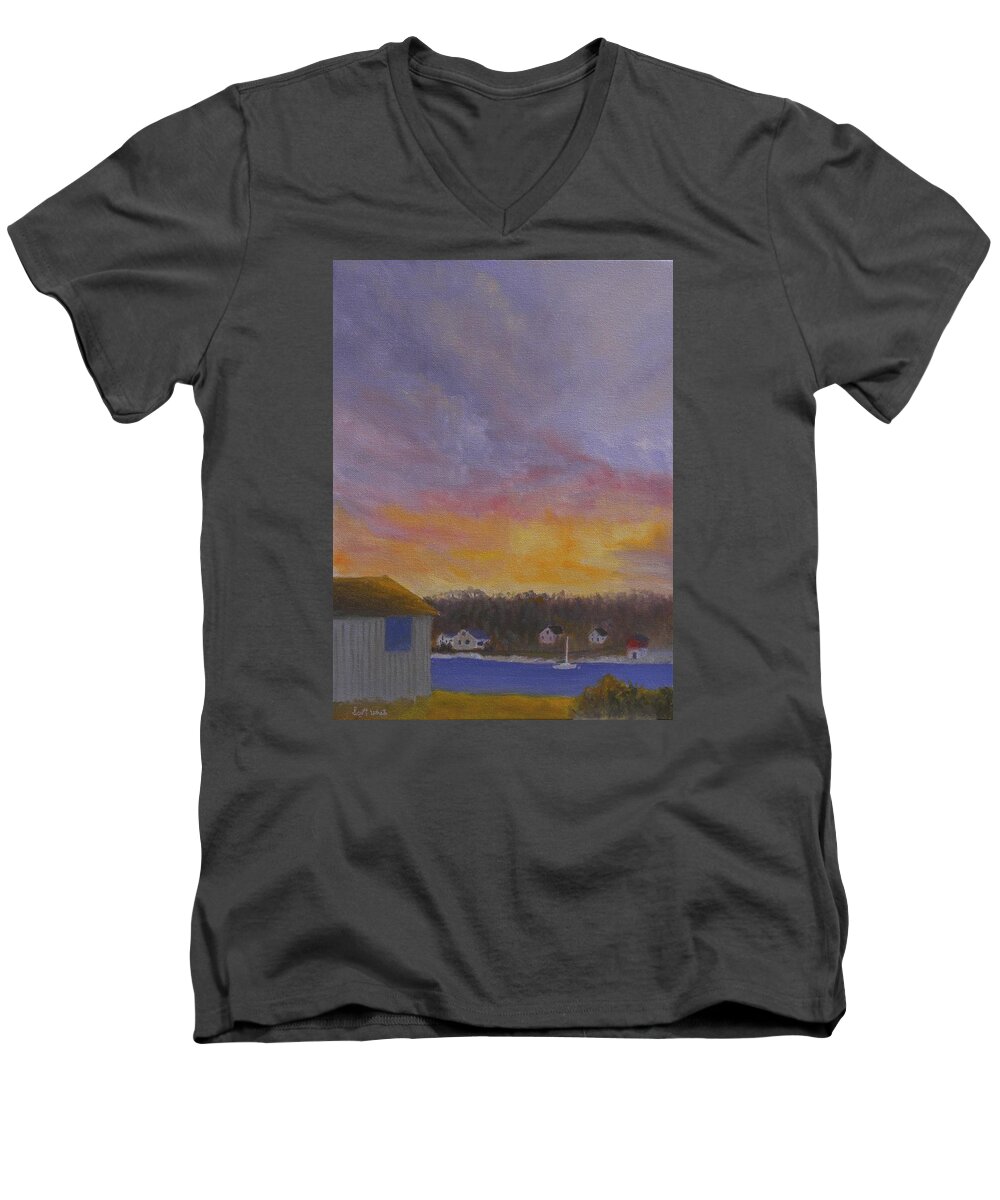 Sunrise Ocean Long Cove Maine Bristol Water Camp Sailboat Cottages Storm Clouds Chamberlain Men's V-Neck T-Shirt featuring the painting Long Cove Sunrise by Scott W White