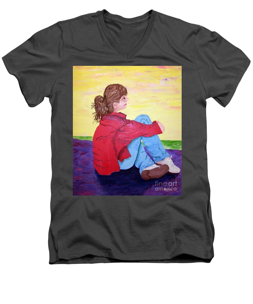 Portrait Men's V-Neck T-Shirt featuring the painting Looking for Hope by Lisa Rose Musselwhite