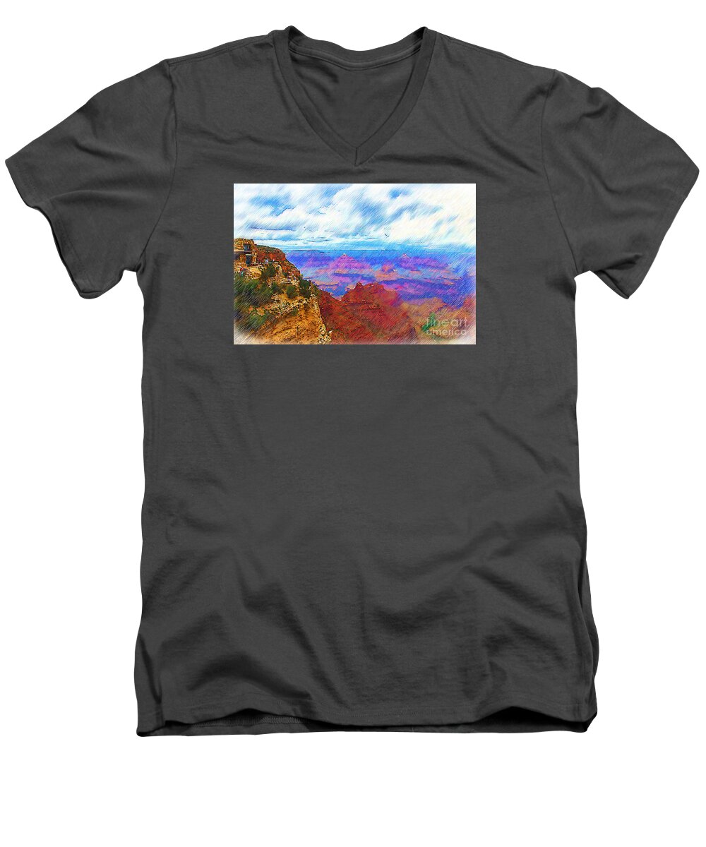 Grand-canyon Men's V-Neck T-Shirt featuring the digital art Lookout Studio Sketched by Kirt Tisdale