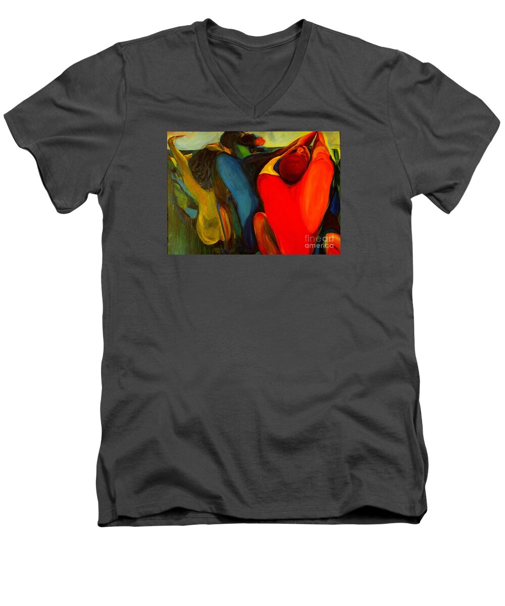 #figurative #abstract #spiritual Request #prayer #plea For Uplifting #oil Paintings #multiple Figures Men's V-Neck T-Shirt featuring the painting Lord Hear Us by Daun Soden-Greene