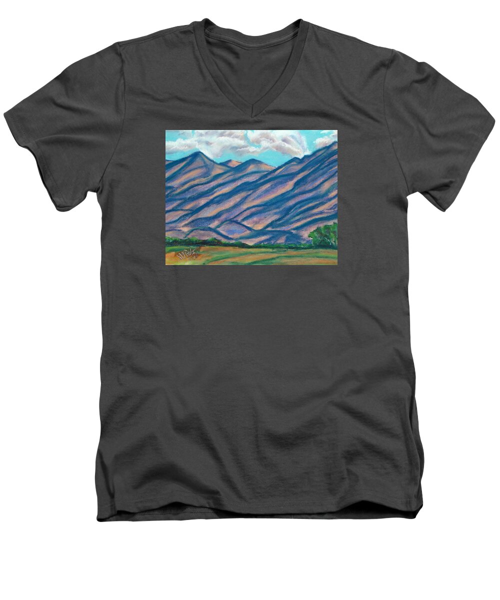 Landscape Men's V-Neck T-Shirt featuring the painting Los Lunas Hills by Michael Foltz