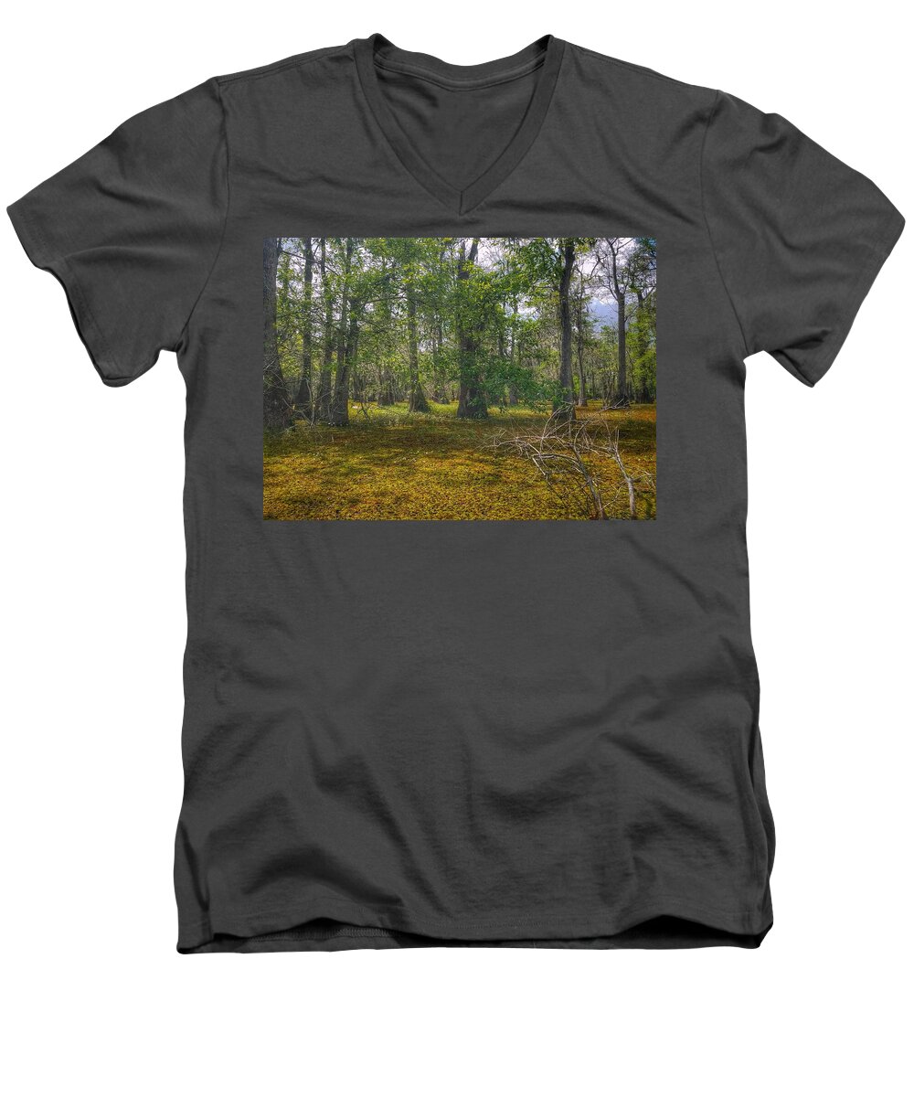 Blue Men's V-Neck T-Shirt featuring the photograph Louisiana Swamp by Mary Capriole
