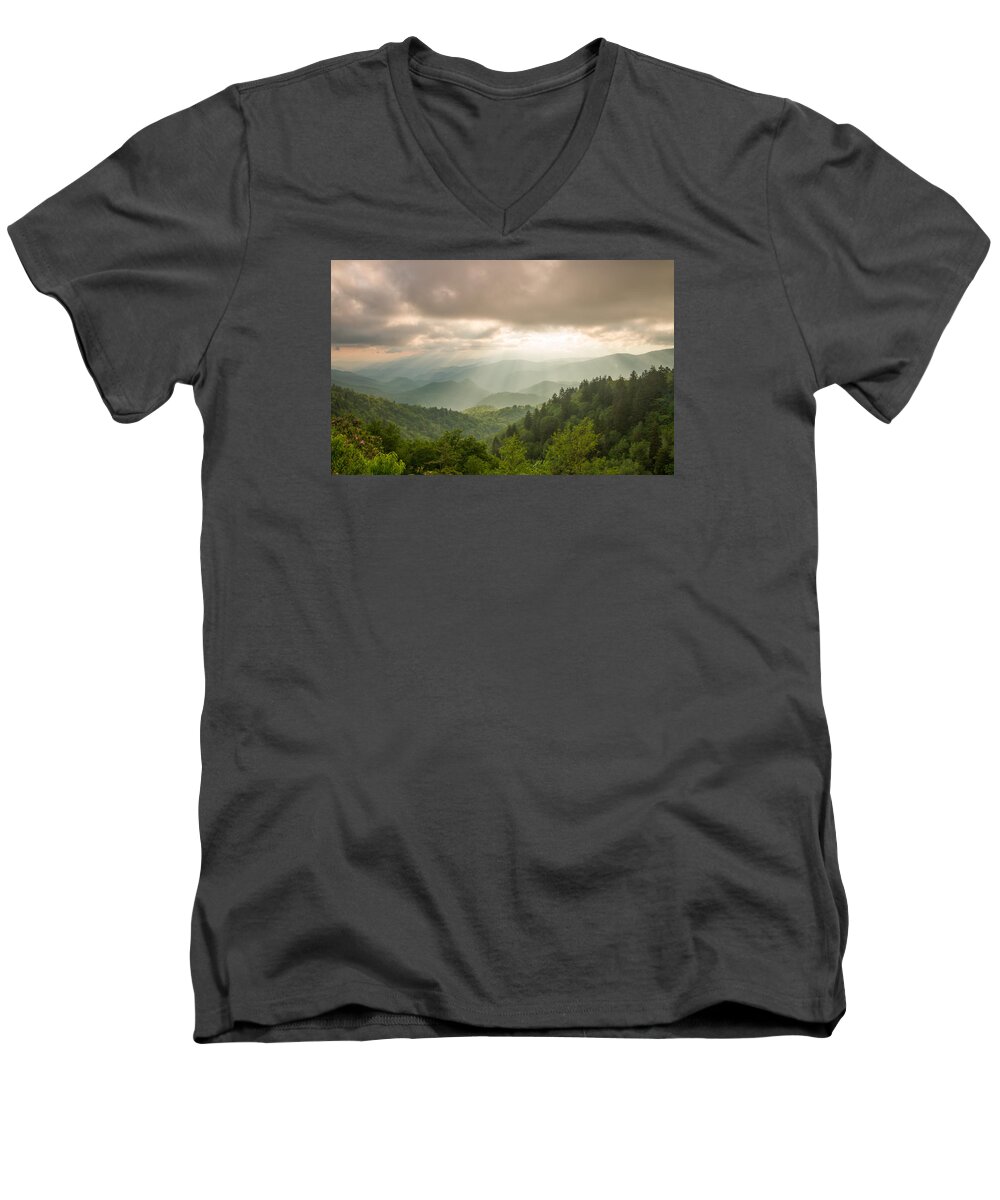 Great Smoky Mountains National Park Men's V-Neck T-Shirt featuring the photograph Sunbeams - Great Smoky Mountains National Park by Doug McPherson