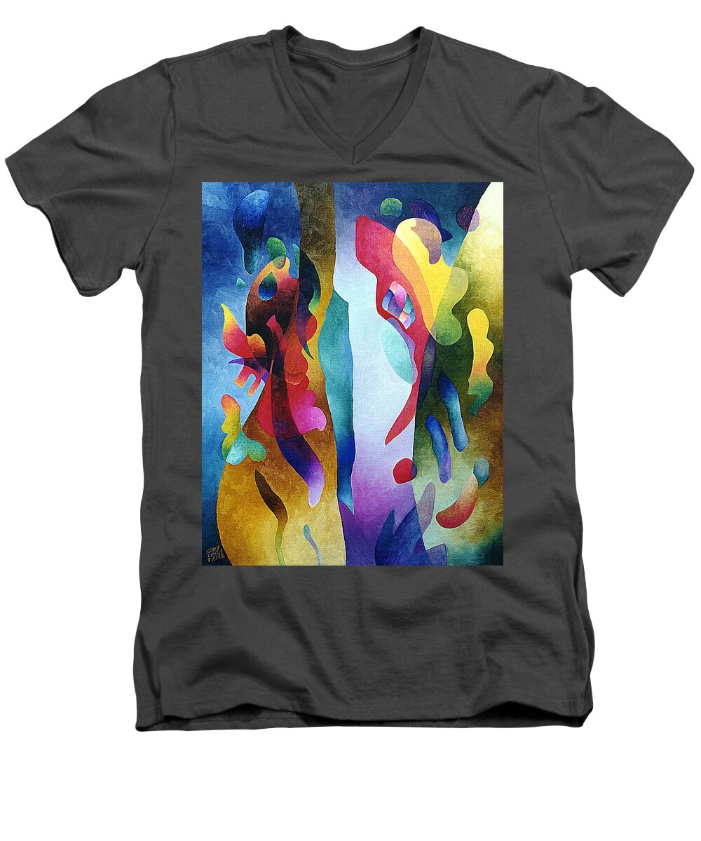 Abstract Men's V-Neck T-Shirt featuring the painting Lyrical Grouping by Sally Trace