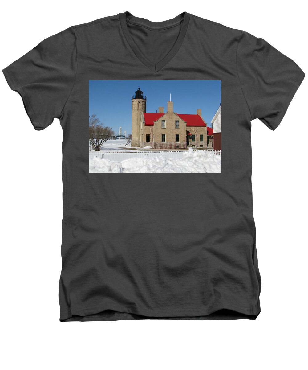 Old Mackinac Point Men's V-Neck T-Shirt featuring the photograph Mackinac Bridge and Light by Keith Stokes