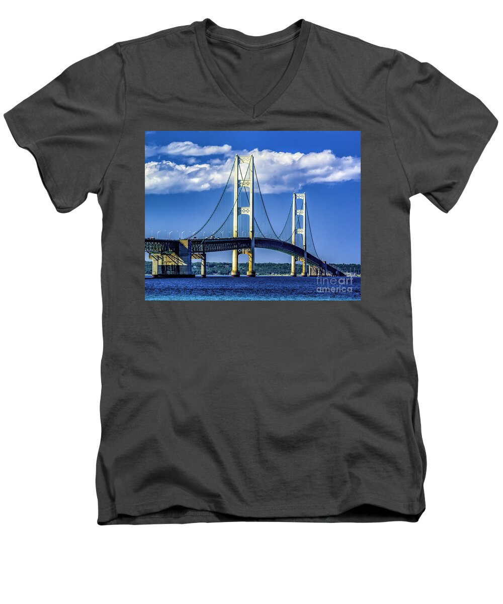 Mackinac Bridge Men's V-Neck T-Shirt featuring the photograph Mackinac Bridge by Nick Zelinsky Jr