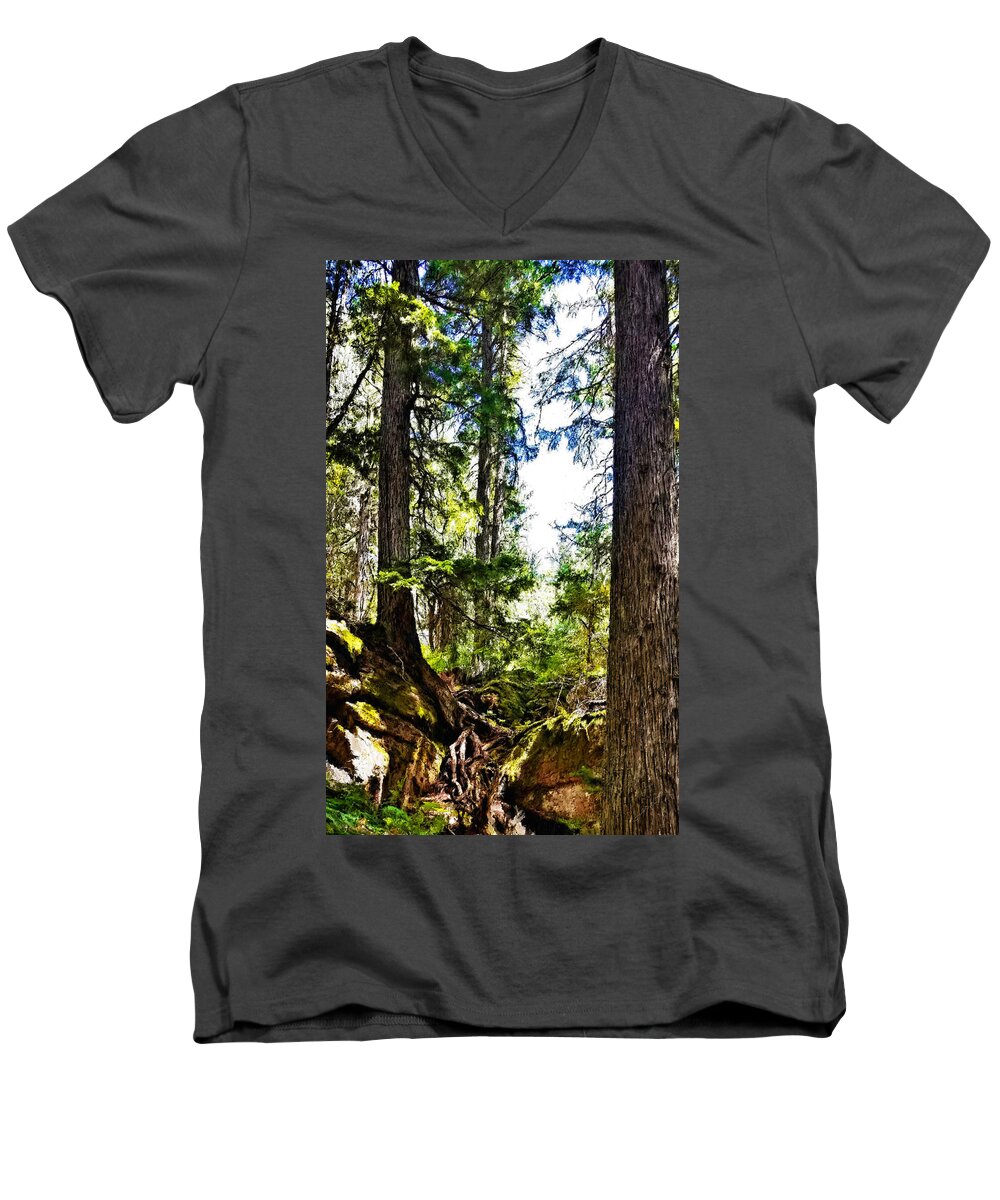 Forest Men's V-Neck T-Shirt featuring the digital art Magical Glacier Forest by Susan Kinney