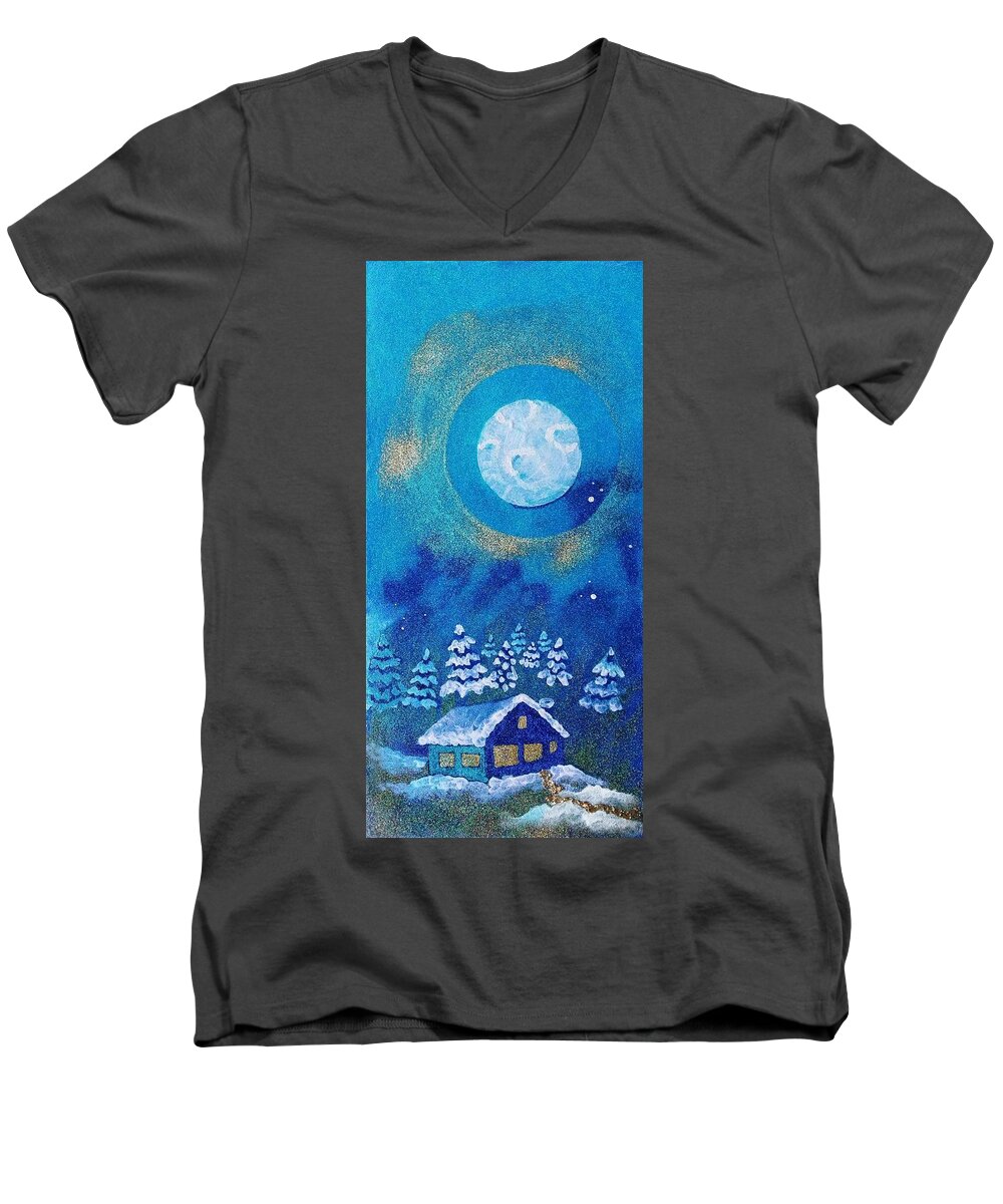 Folk Art Men's V-Neck T-Shirt featuring the painting Magical Night at the Cabin by Corey Habbas