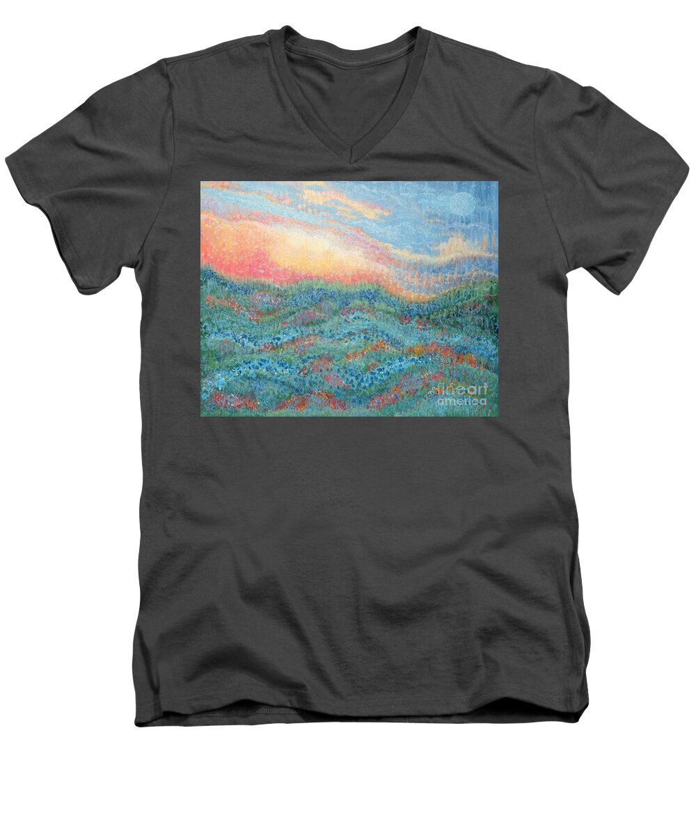 Magnificent Sunset Men's V-Neck T-Shirt featuring the painting Magnificent Sunset by Holly Carmichael