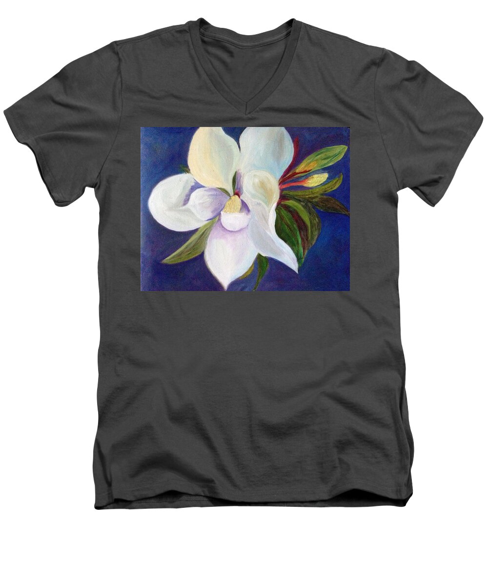 Magnolia Men's V-Neck T-Shirt featuring the painting Magnolia Painting by Pat Exum