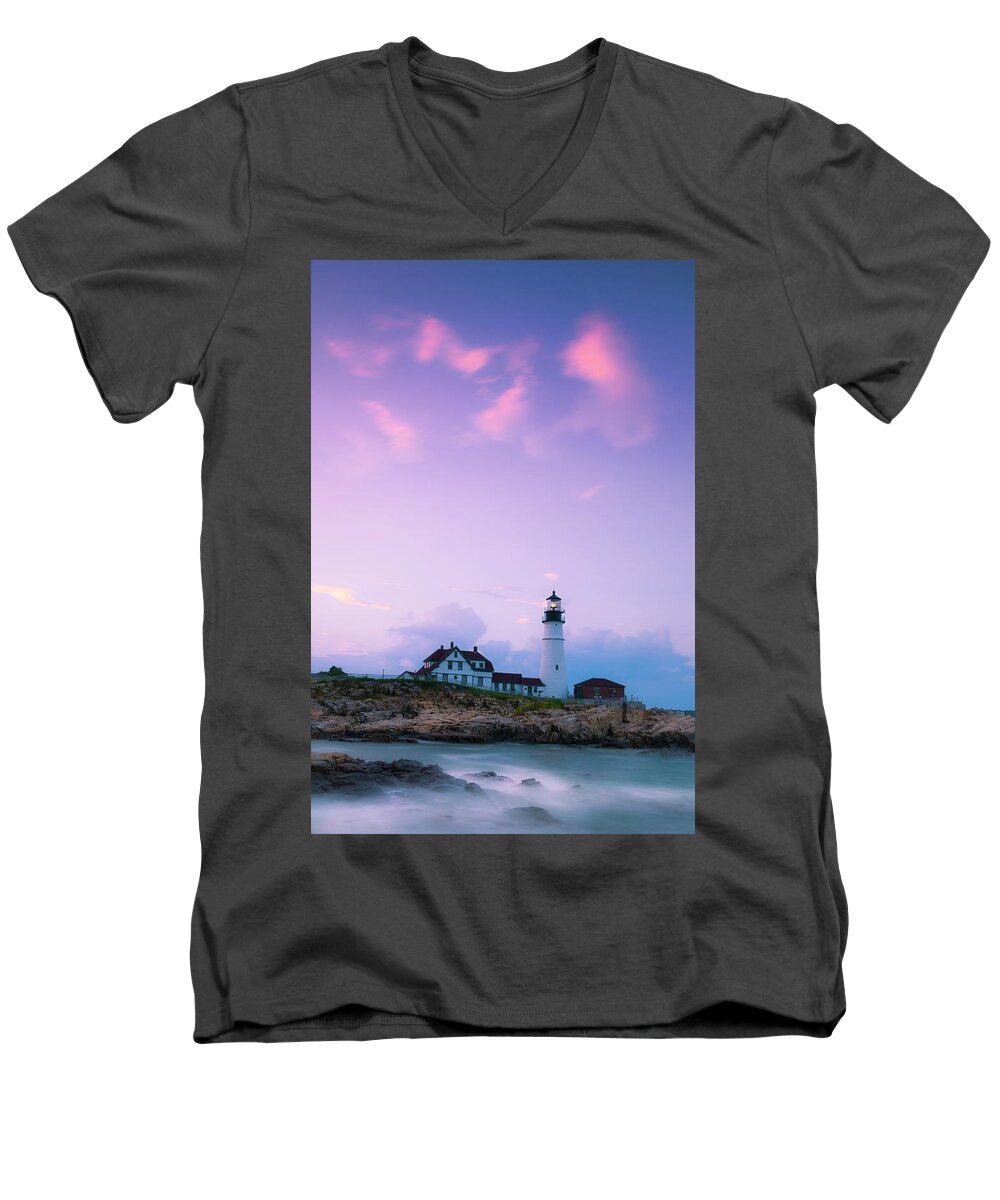 Maine Men's V-Neck T-Shirt featuring the photograph Maine Portland Headlight Lighthouse in Blue Hour by Ranjay Mitra